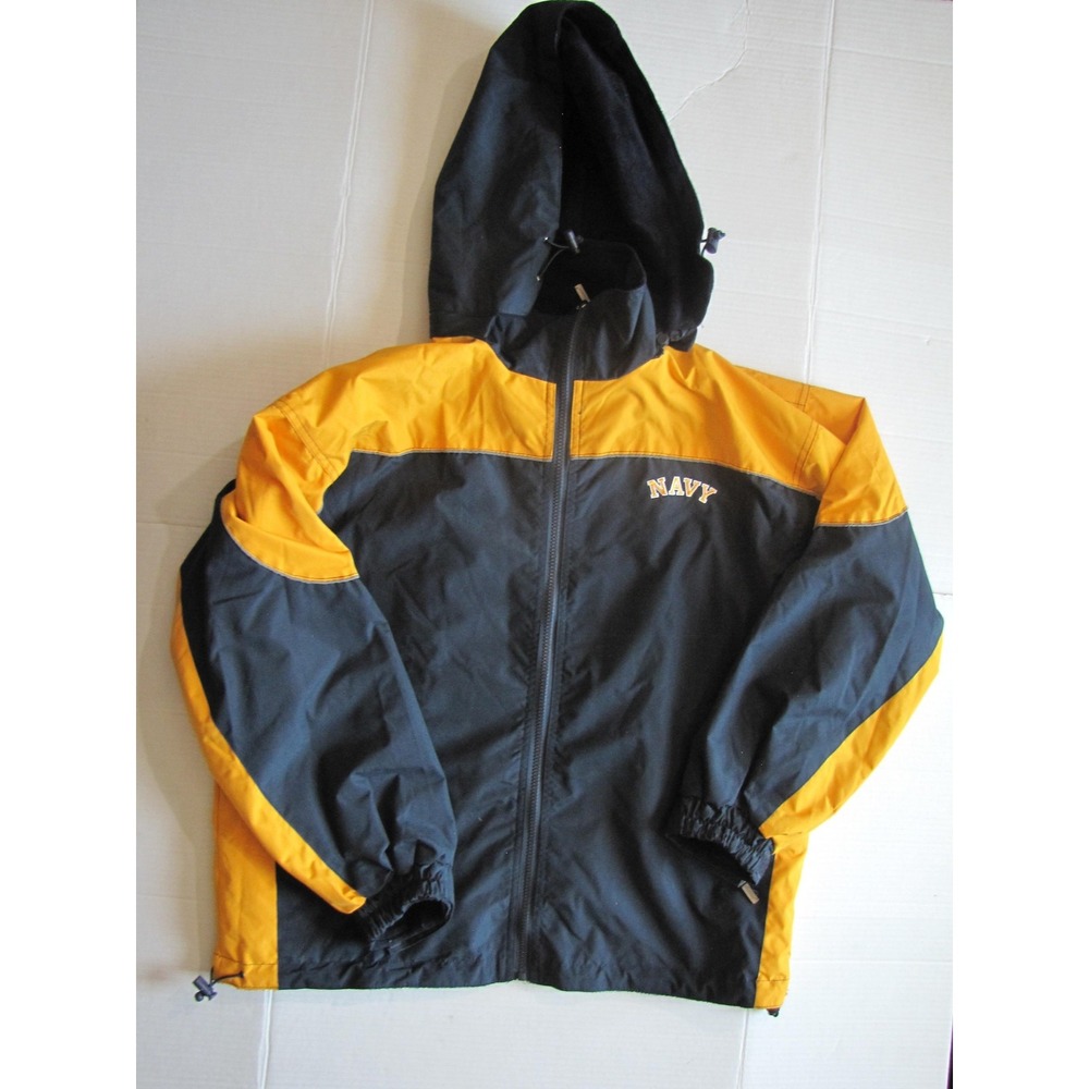 Navy Jacket Mens Small Black Yellow Hooded Zip Reversible Made in USA